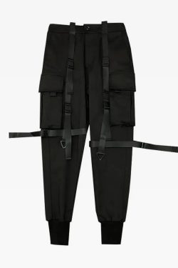 Y2K Grunge Black Pants With Straps - 90S Retro Summer Outfit, Gothic Y2K Fashion