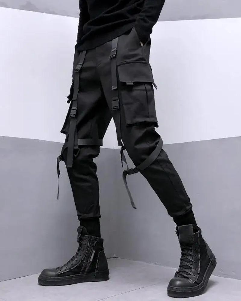 Y2K Grunge Black Pants With Straps - 90S Retro Summer Outfit, Gothic Y2K Fashion