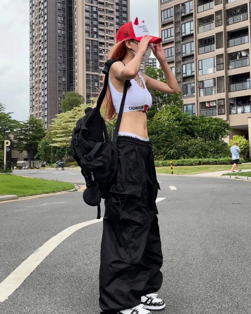 Y2K Grunge Black Parachute Pants - Retro 90S Fashion, Summer Outfits, Club & Party Wear