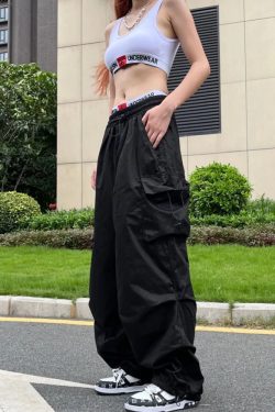 Y2K Grunge Black Parachute Pants - Retro 90S Fashion, Summer Outfits, Club & Party Wear