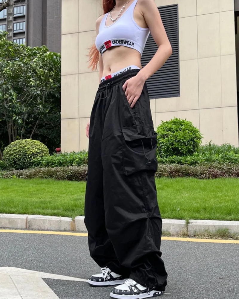 Y2K Grunge Black Parachute Pants - Retro 90S Fashion, Summer Outfits, Club & Party Wear