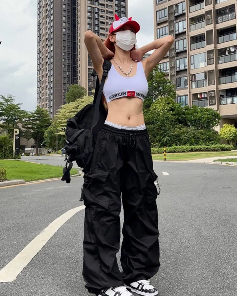 Y2K Grunge Black Parachute Pants - Retro 90S Fashion, Summer Outfits, Club & Party Wear