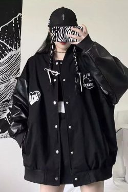 Y2K Grunge Black Varsity Jacket - Retro 90S Fashion, Summer Outfits, And Club Party Style