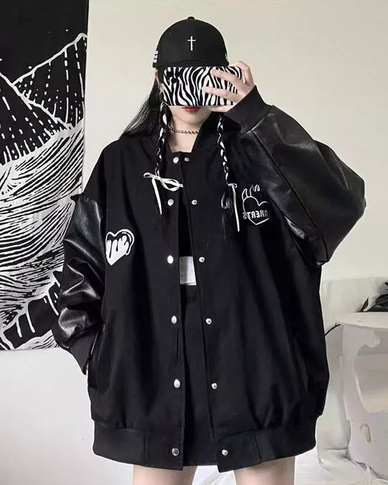 Y2K Grunge Black Varsity Jacket - Retro 90S Fashion, Summer Outfits, And Club Party Style Y2K Grunge Black Varsity Jacket - Retro 90S Fashion, Summer Outfits, And Club Party Style