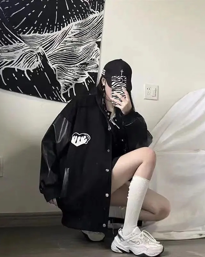 Y2K Grunge Black Varsity Jacket - Retro 90S Fashion, Summer Outfits, And Club Party Style Y2K Grunge Black Varsity Jacket - Retro 90S Fashion, Summer Outfits, And Club Party Style