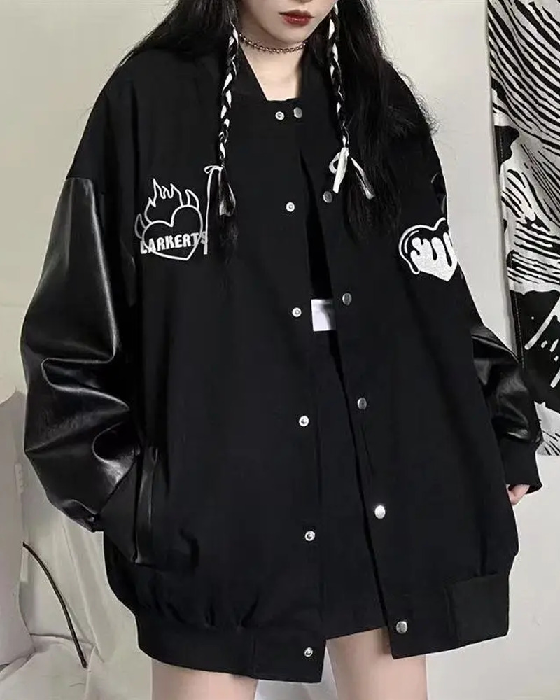 Y2K Grunge Black Varsity Jacket - Retro 90S Fashion, Summer Outfits, And Club Party Style Y2K Grunge Black Varsity Jacket - Retro 90S Fashion, Summer Outfits, And Club Party Style
