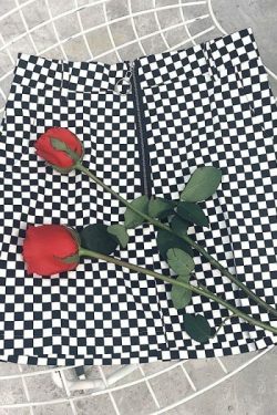Y2K Grunge Black White Checkered Grid Front Zipper Skirt - 90S Fashion, Retro Style, Y2K Outfit