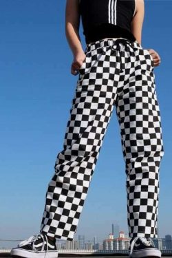 Y2K Grunge Black White Checkered Pants - 90S Retro Summer Outfit, Y2K Club & Party Fashion