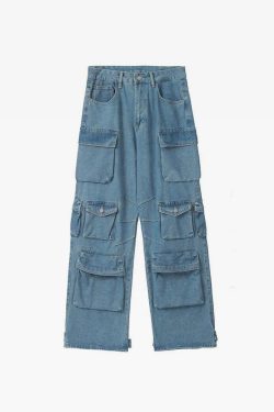 Y2K Grunge Blue Cargo Jeans - Retro 90S Fashion, Summer Y2K Outfits, Hip Hop Style
