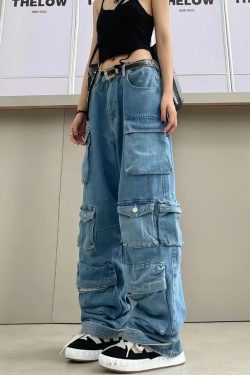 Y2K Grunge Blue Cargo Jeans - Retro 90S Fashion, Summer Y2K Outfits, Hip Hop Style