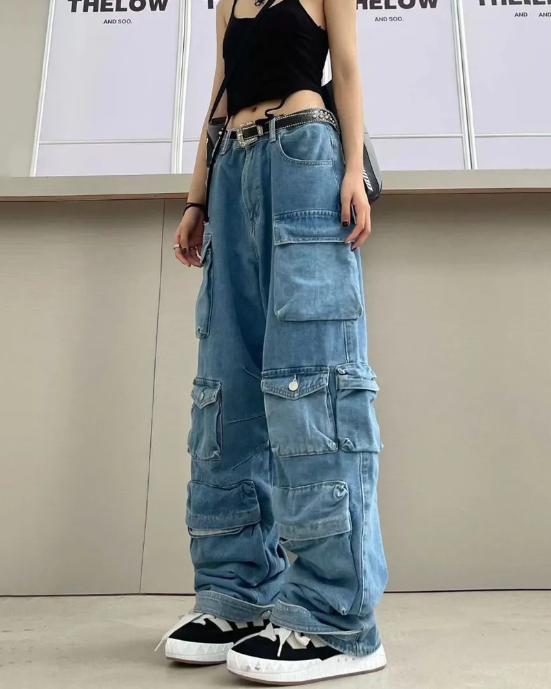 Y2K Grunge Blue Cargo Jeans - Retro 90S Fashion, Summer Y2K Outfits, Hip Hop Style Y2K Grunge Blue Cargo Jeans - Retro 90S Fashion, Summer Y2K Outfits, Hip Hop Style