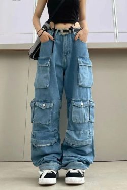 Y2K Grunge Blue Cargo Jeans - Retro 90S Fashion, Summer Y2K Outfits, Hip Hop Style
