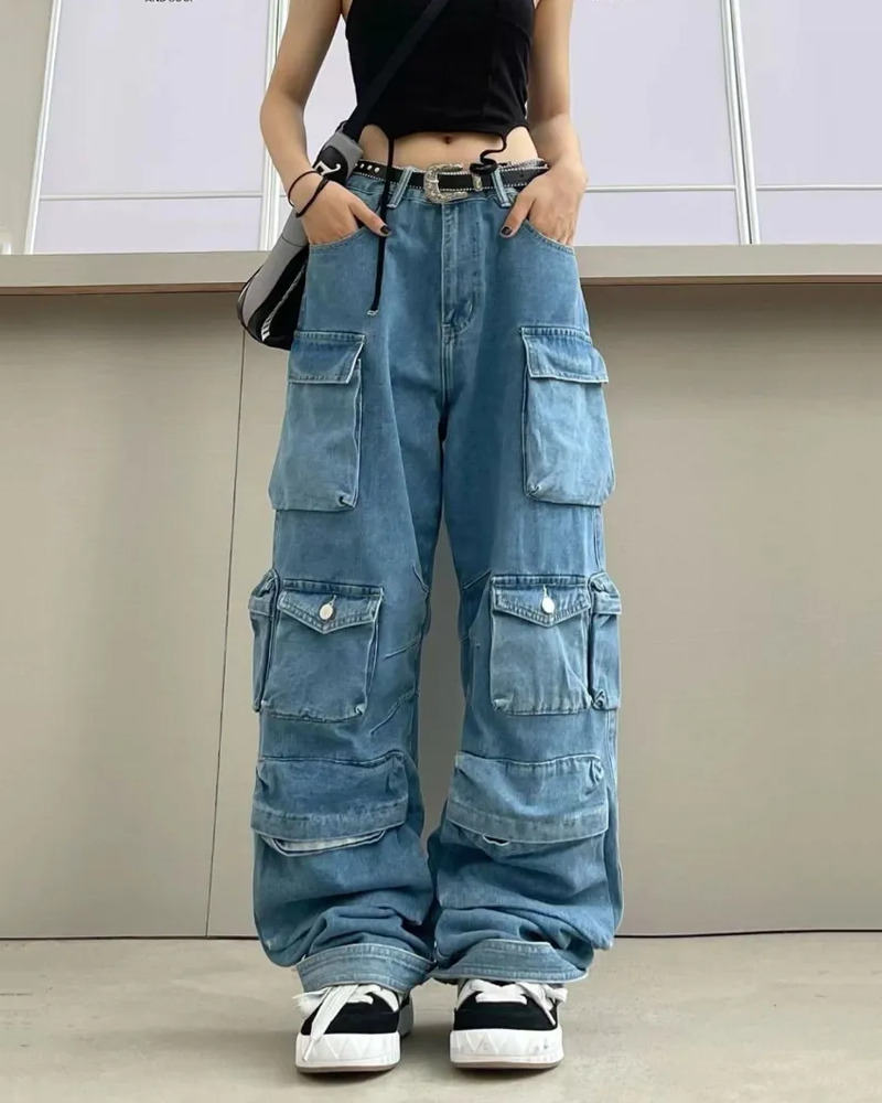 Y2K Grunge Blue Cargo Jeans - Retro 90S Fashion, Summer Y2K Outfits, Hip Hop Style Y2K Grunge Blue Cargo Jeans - Retro 90S Fashion, Summer Y2K Outfits, Hip Hop Style