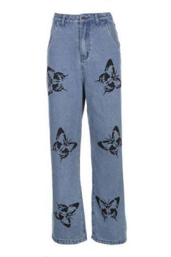Y2K Grunge Butterfly Pattern Jeans - 90S Fashion, Retro Style, Y2K Summer Outfits
