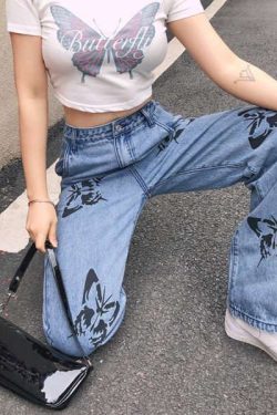 Y2K Grunge Butterfly Pattern Jeans - 90S Fashion, Retro Style, Y2K Summer Outfits