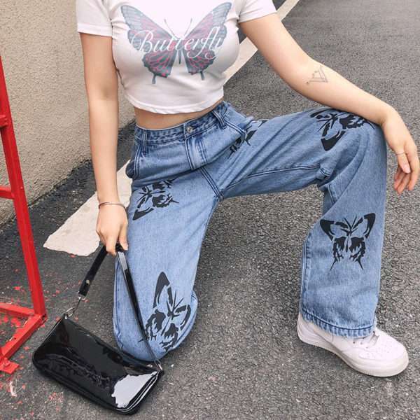 Y2K Grunge Butterfly Pattern Jeans - 90S Fashion, Retro Style, Y2K Summer Outfits Y2K Grunge Butterfly Pattern Jeans - 90S Fashion, Retro Style, Y2K Summer Outfits