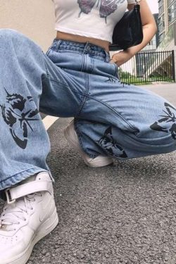 Y2K Grunge Butterfly Pattern Jeans - 90S Fashion, Retro Style, Y2K Summer Outfits