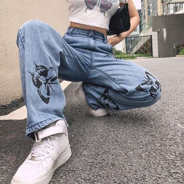 Y2K Grunge Butterfly Pattern Jeans - 90S Fashion, Retro Style, Y2K Summer Outfits Y2K Grunge Butterfly Pattern Jeans - 90S Fashion, Retro Style, Y2K Summer Outfits