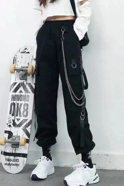 Y2K Grunge Cargo Pants With Chain - 90S Retro Summer Outfit, Y2K Fashion, Gothic Y2K Style