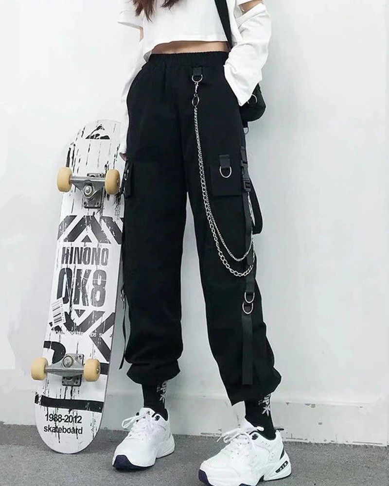 Y2K Grunge Cargo Pants With Chain - 90S Retro Summer Outfit, Y2K Fashion, Gothic Y2K Style