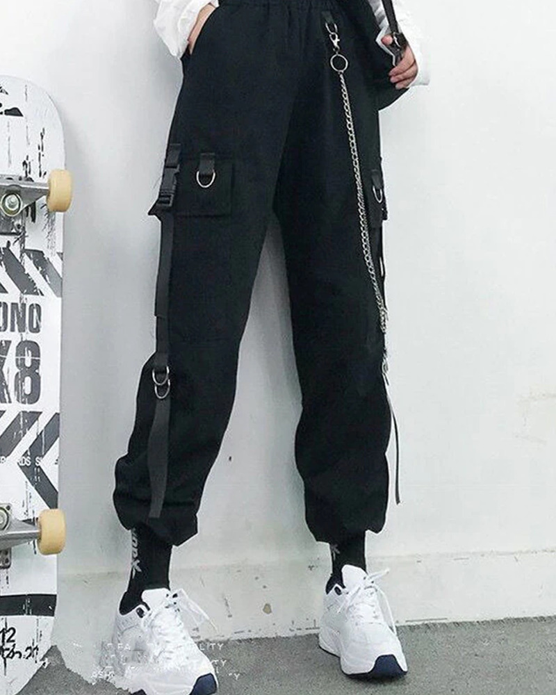 Y2K Grunge Cargo Pants With Chain - 90S Retro Summer Outfit, Y2K Fashion, Gothic Y2K Style