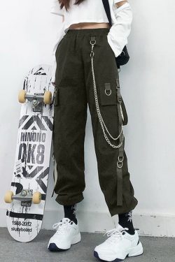 Y2K Grunge Cargo Pants With Chain - 90S Retro Summer Outfit, Y2K Fashion, Gothic Y2K Style
