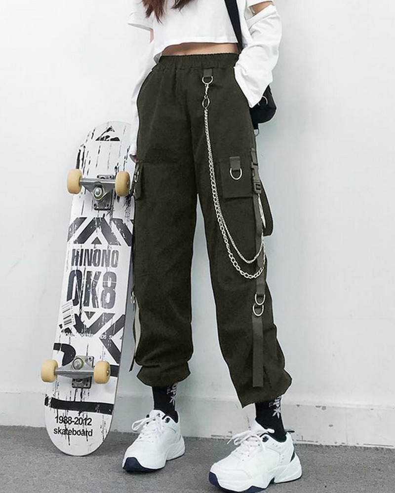 Y2K Grunge Cargo Pants With Chain - 90S Retro Summer Outfit, Y2K Fashion, Gothic Y2K Style