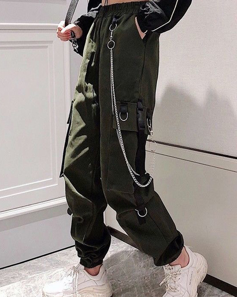 Y2K Grunge Cargo Pants With Chain - 90S Retro Summer Outfit, Y2K Fashion, Gothic Y2K Style