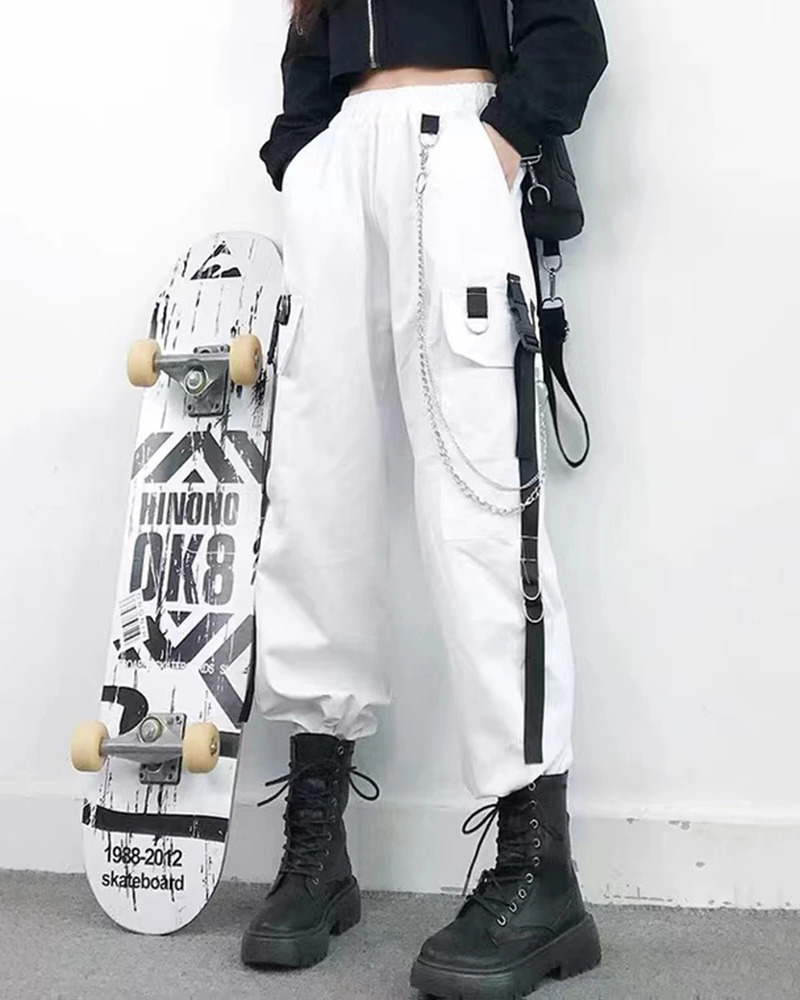 Y2K Grunge Cargo Pants With Chain - 90S Retro Summer Outfit, Y2K Fashion, Gothic Y2K Style