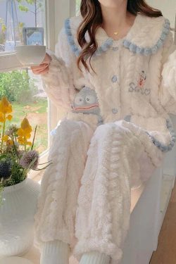 Y2K Grunge Cartoon Fleece Pajamas Set - Cute Princess Style Plush Winter Loungewear