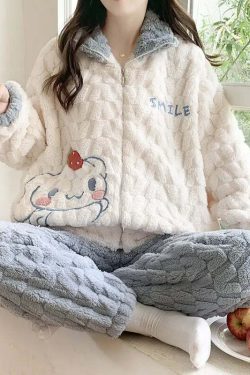 Y2K Grunge Cartoon Fleece Pajamas Set - Cute Princess Style Plush Winter Loungewear