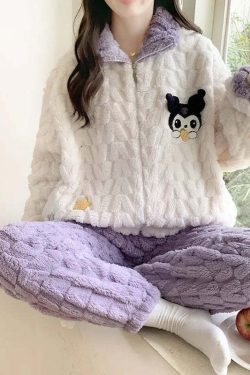 Y2K Grunge Cartoon Fleece Pajamas Set - Cute Princess Style Plush Winter Loungewear