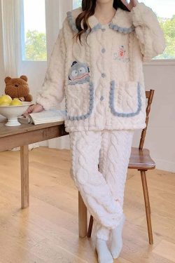 Y2K Grunge Cartoon Fleece Pajamas Set - Cute Princess Style Plush Winter Loungewear