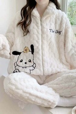 Y2K Grunge Cartoon Fleece Pajamas Set - Cute Princess Style Plush Winter Loungewear