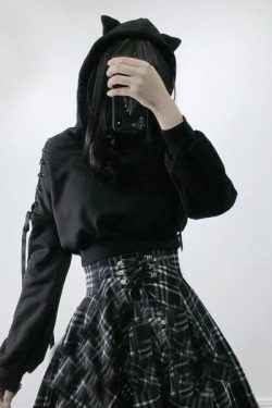 Y2K Grunge Cat Ear Hoodie - Retro 90S Fashion, Gothic Y2K, Summer Y2K Outfits