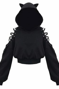 Y2K Grunge Cat Ear Hoodie - Retro 90S Fashion, Gothic Y2K, Summer Y2K Outfits