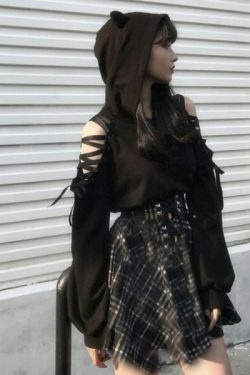 Y2K Grunge Cat Ear Hoodie - Retro 90S Fashion, Gothic Y2K, Summer Y2K Outfits