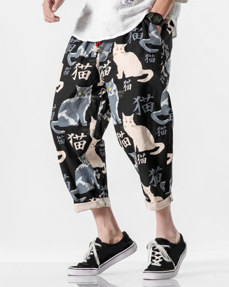 Y2K Grunge Cat Print Pants - Retro 90S Summer Outfit, Y2K Fashion, Pastel Goth Style