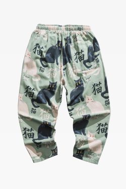Y2K Grunge Cat Print Pants - Retro 90S Summer Outfit, Y2K Fashion, Pastel Goth Style