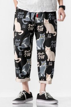 Y2K Grunge Cat Print Pants - Retro 90S Summer Outfit, Y2K Fashion, Pastel Goth Style
