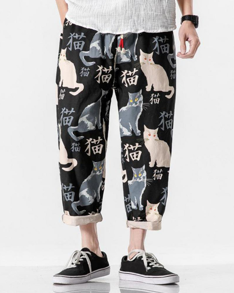 Y2K Grunge Cat Print Pants - Retro 90S Summer Outfit, Y2K Fashion, Pastel Goth Style
