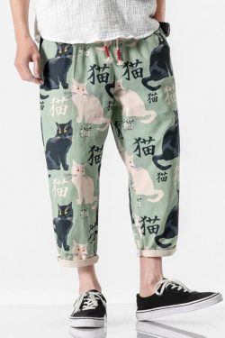 Y2K Grunge Cat Print Pants - Retro 90S Summer Outfit, Y2K Fashion, Pastel Goth Style