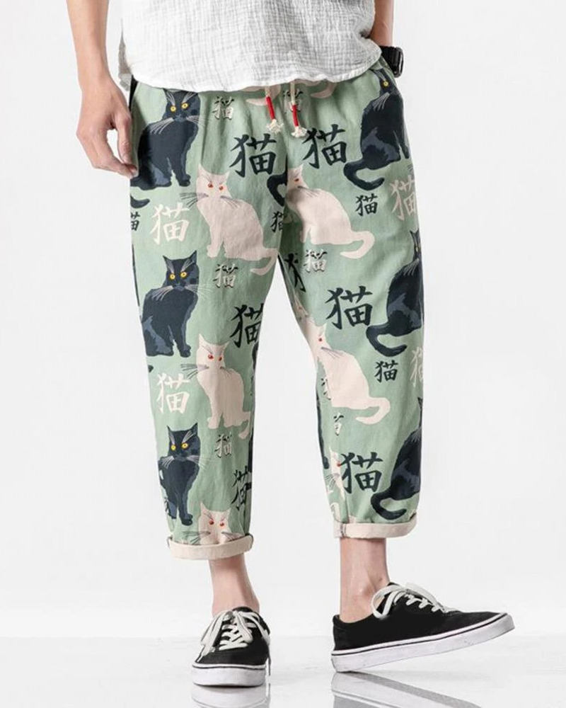 Y2K Grunge Cat Print Pants - Retro 90S Summer Outfit, Y2K Fashion, Pastel Goth Style