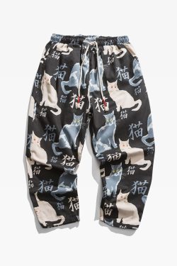 Y2K Grunge Cat Print Pants - Retro 90S Summer Outfit, Y2K Fashion, Pastel Goth Style