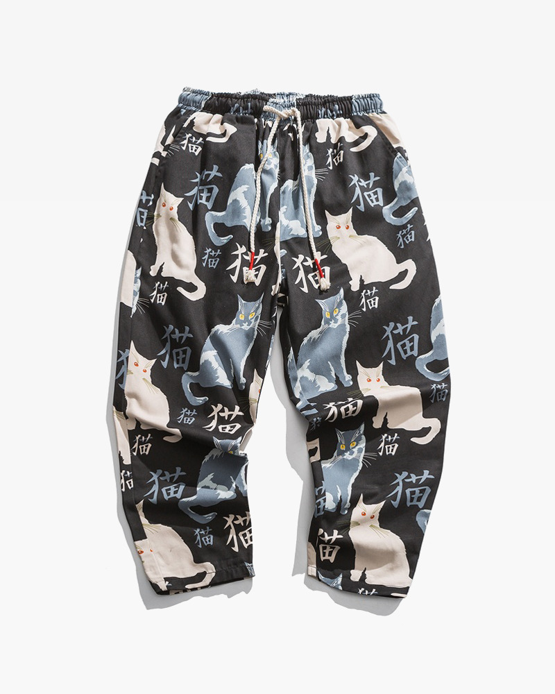 Y2K Grunge Cat Print Pants - Retro 90S Summer Outfit, Y2K Fashion, Pastel Goth Style