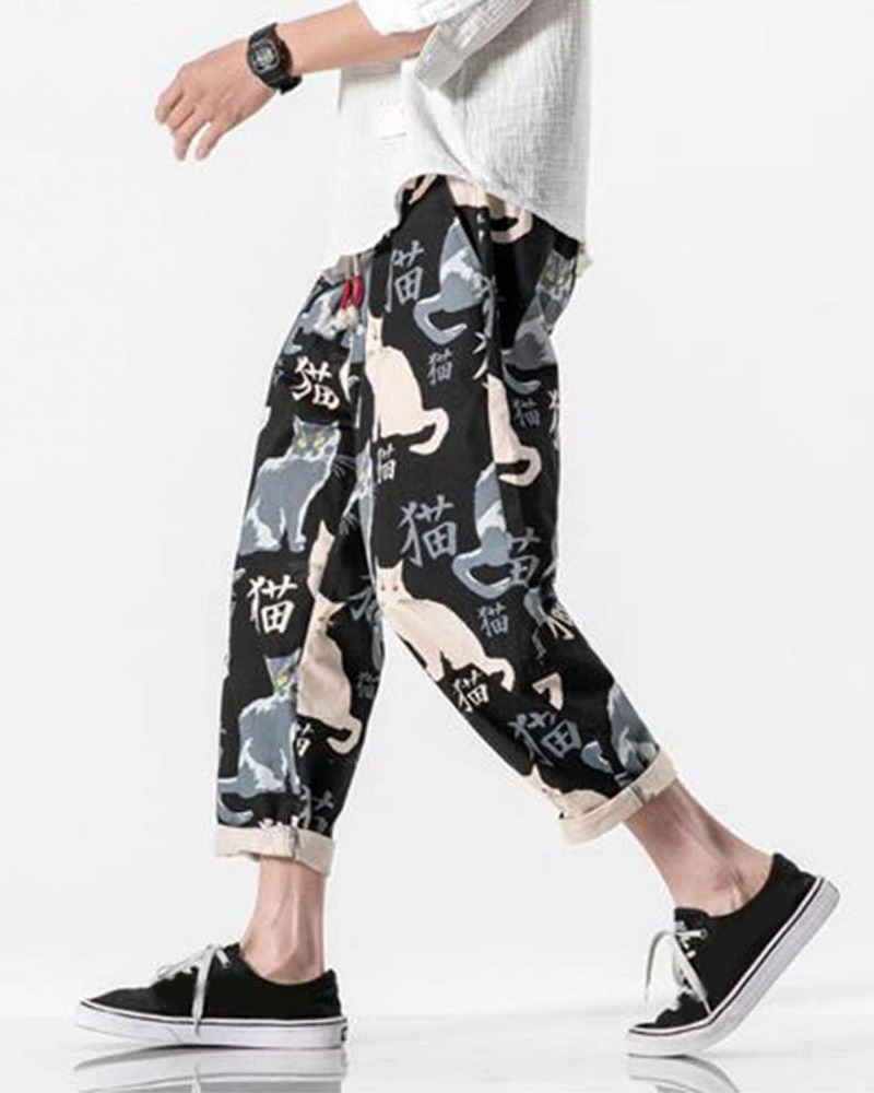 Y2K Grunge Cat Print Pants - Retro 90S Summer Outfit, Y2K Fashion, Pastel Goth Style