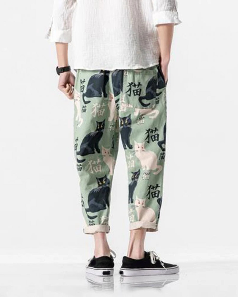 Y2K Grunge Cat Print Pants - Retro 90S Summer Outfit, Y2K Fashion, Pastel Goth Style