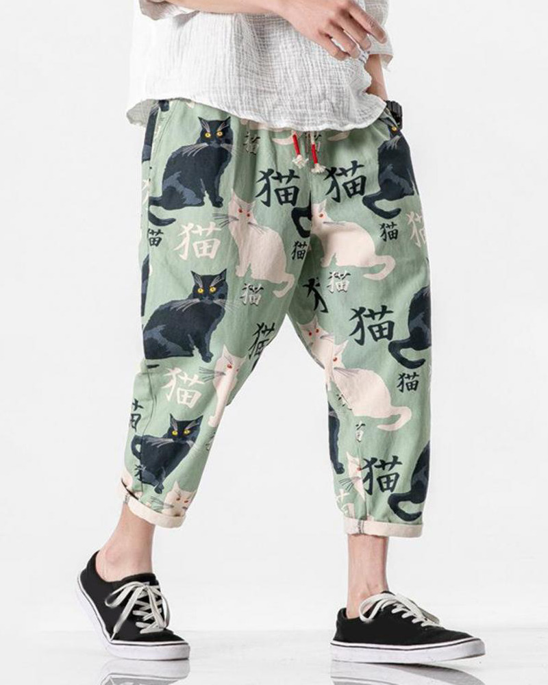 Y2K Grunge Cat Print Pants - Retro 90S Summer Outfit, Y2K Fashion, Pastel Goth Style