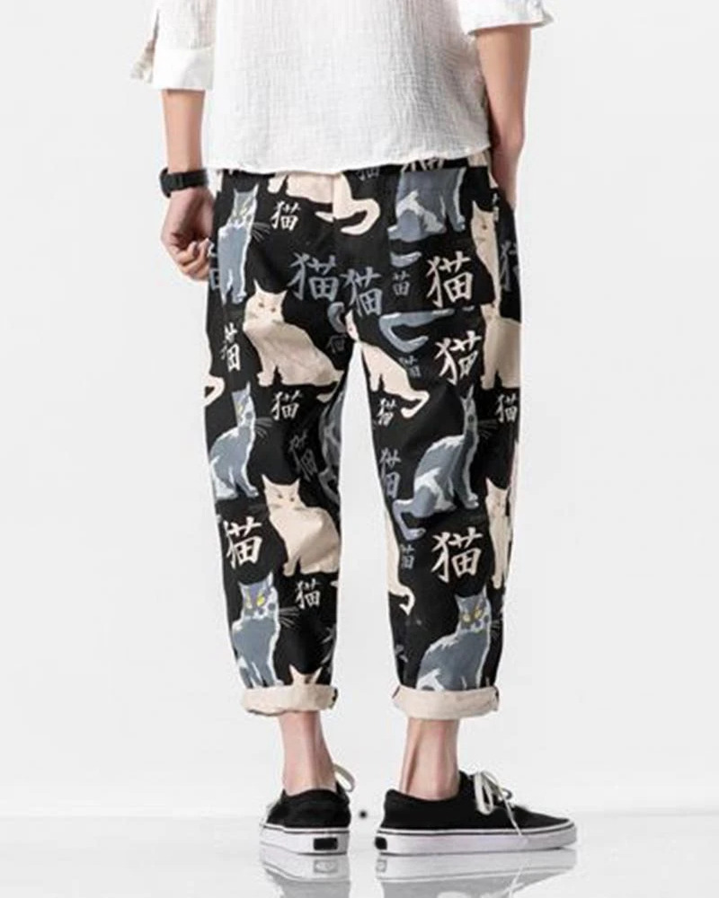 Y2K Grunge Cat Print Pants - Retro 90S Summer Outfit, Y2K Fashion, Pastel Goth Style