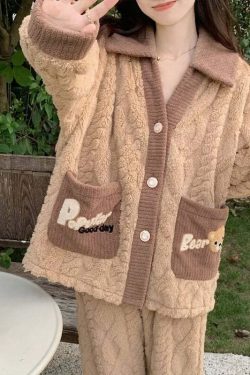 Y2K Grunge Coral Fleece Pajamas - Retro 90S Winter Loungewear Set For Women - Sweet Home Wear